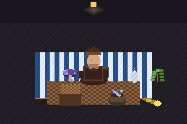 Merchant on a blue and white striped mat with wares laid out